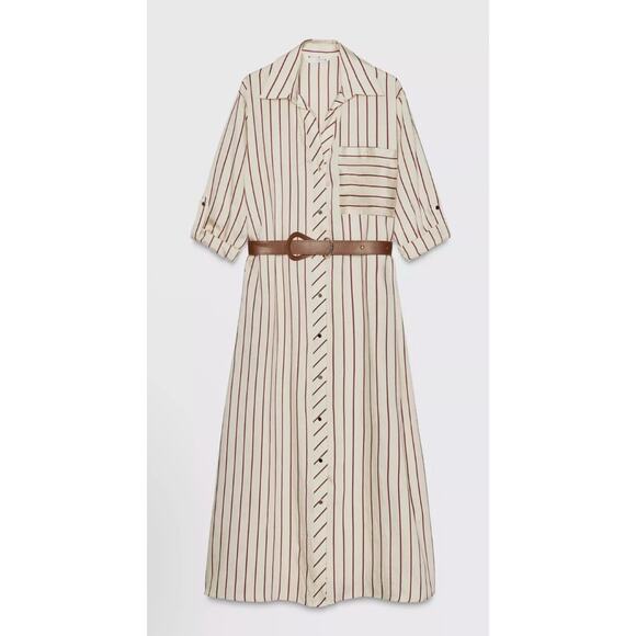 Zara Dresses & Skirts - Zara Womens Shirt Dress Large Cream Maroon Striped Midi Button Front Collared